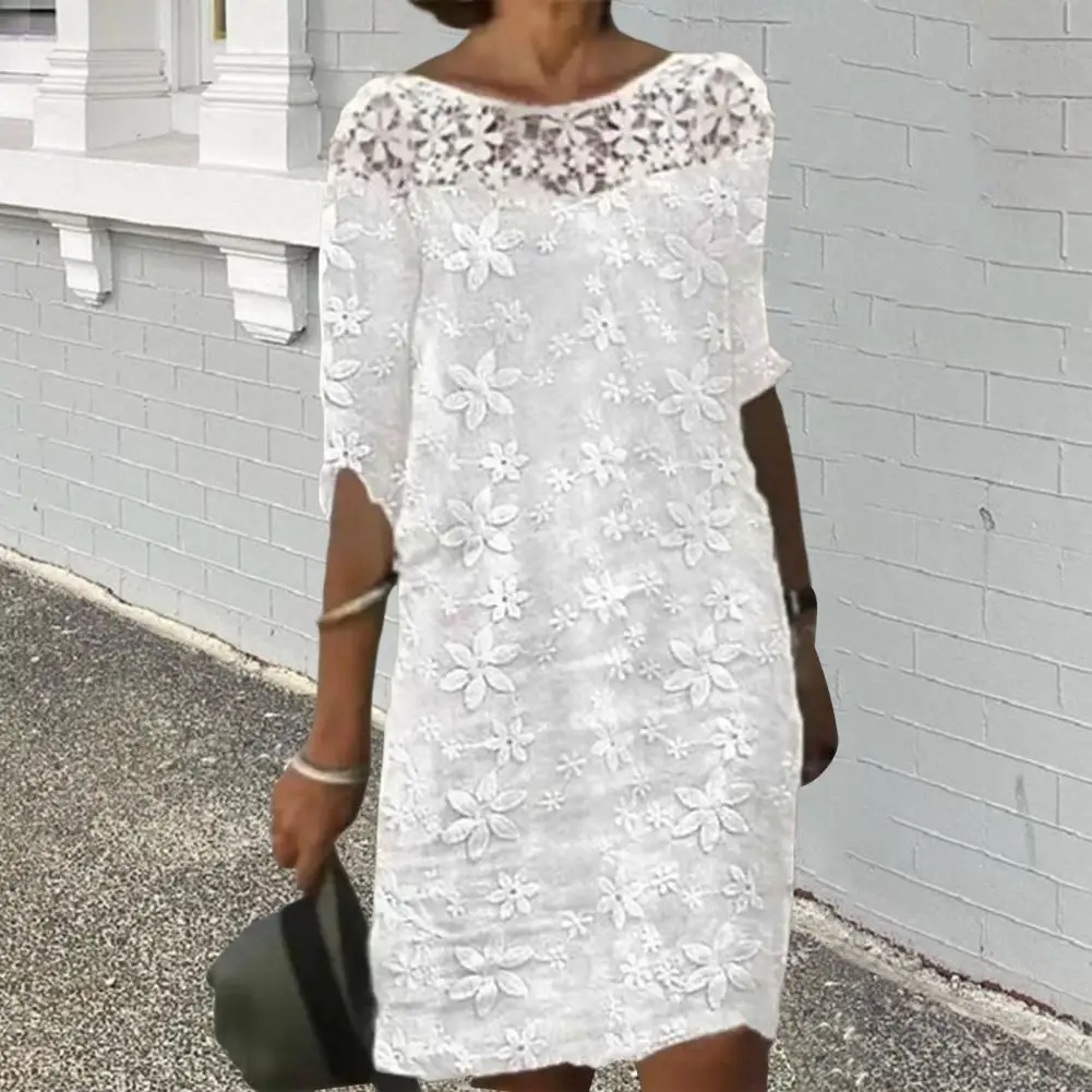 Women Sexy Dress White Hollow Lace Dress Short Sleeve Loose Midi Dresses 2023 Summer Casual Women's Casual Dress Vestidos Robe