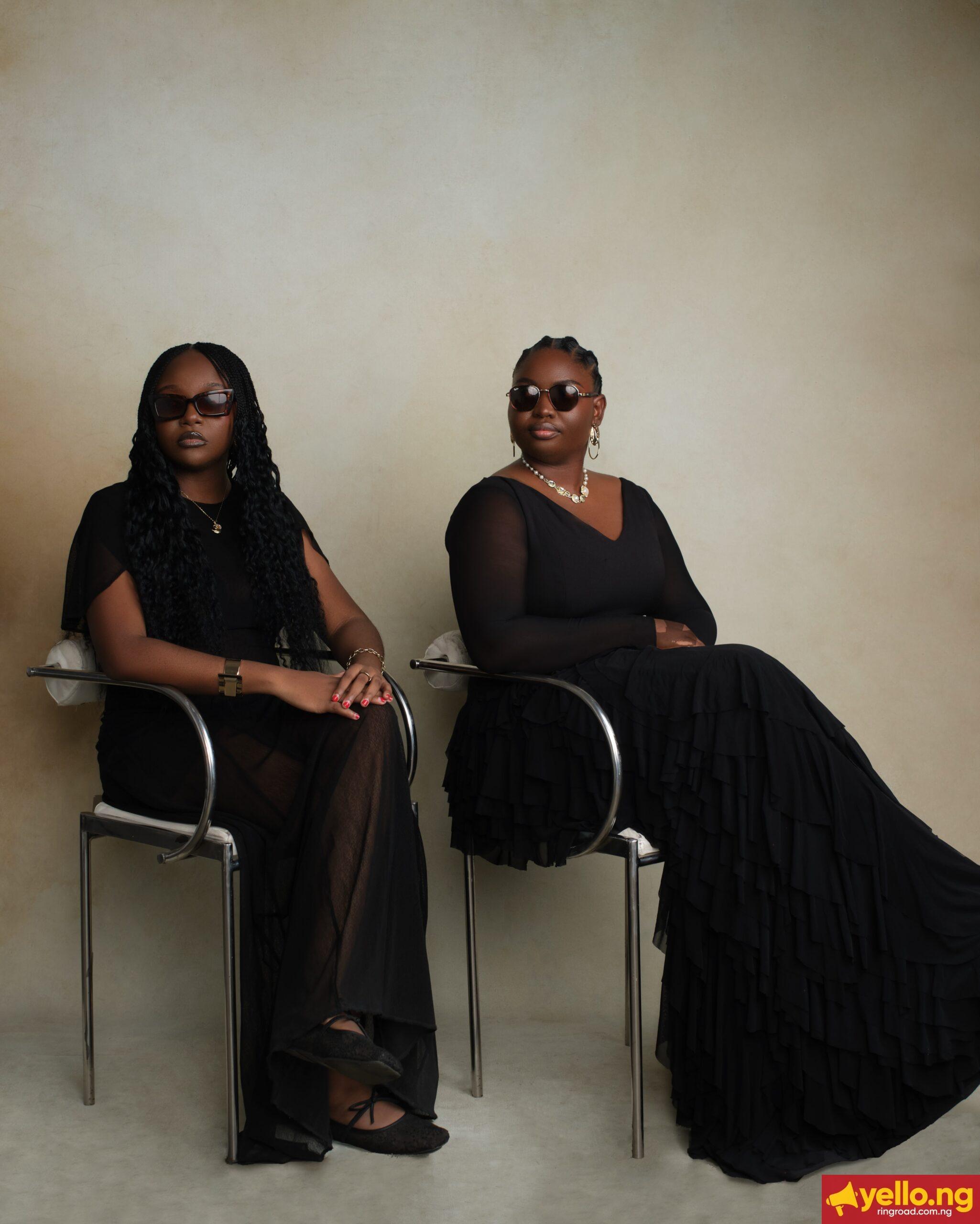 Producer Nora Awolowo and director Fatimah Binta Gimsay posing in black outfits and sunglasses