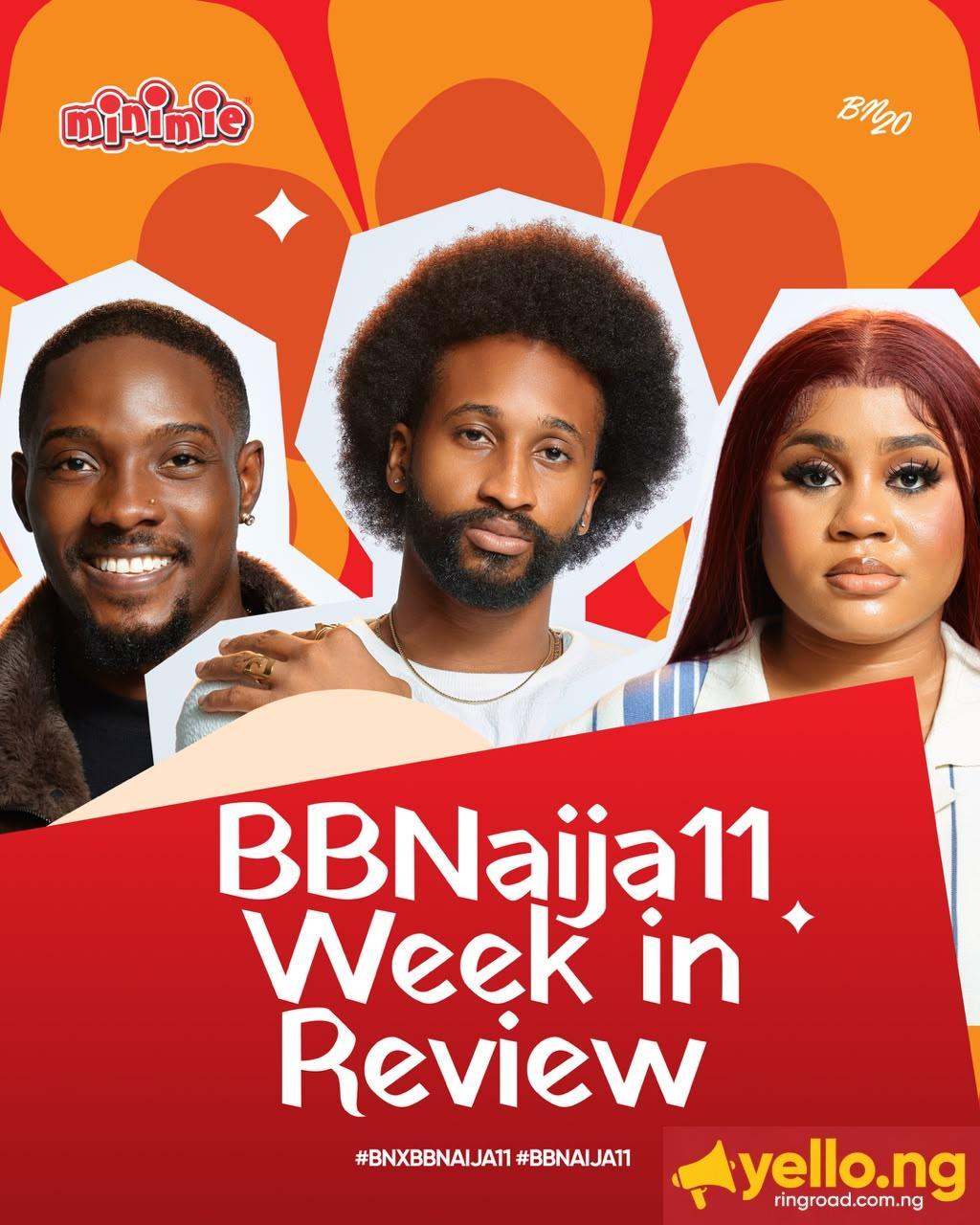 BBNaija Season 11 Week 8 recap graphic sponsored by Minimie.